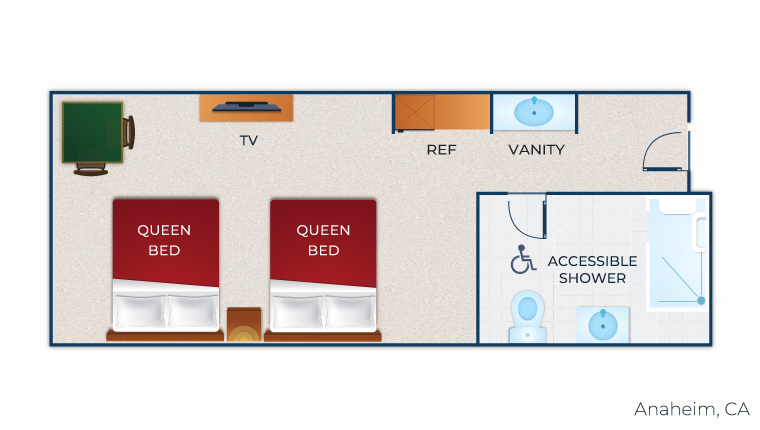 The floor plan for the Double Queen Suite (Accessible Shower)